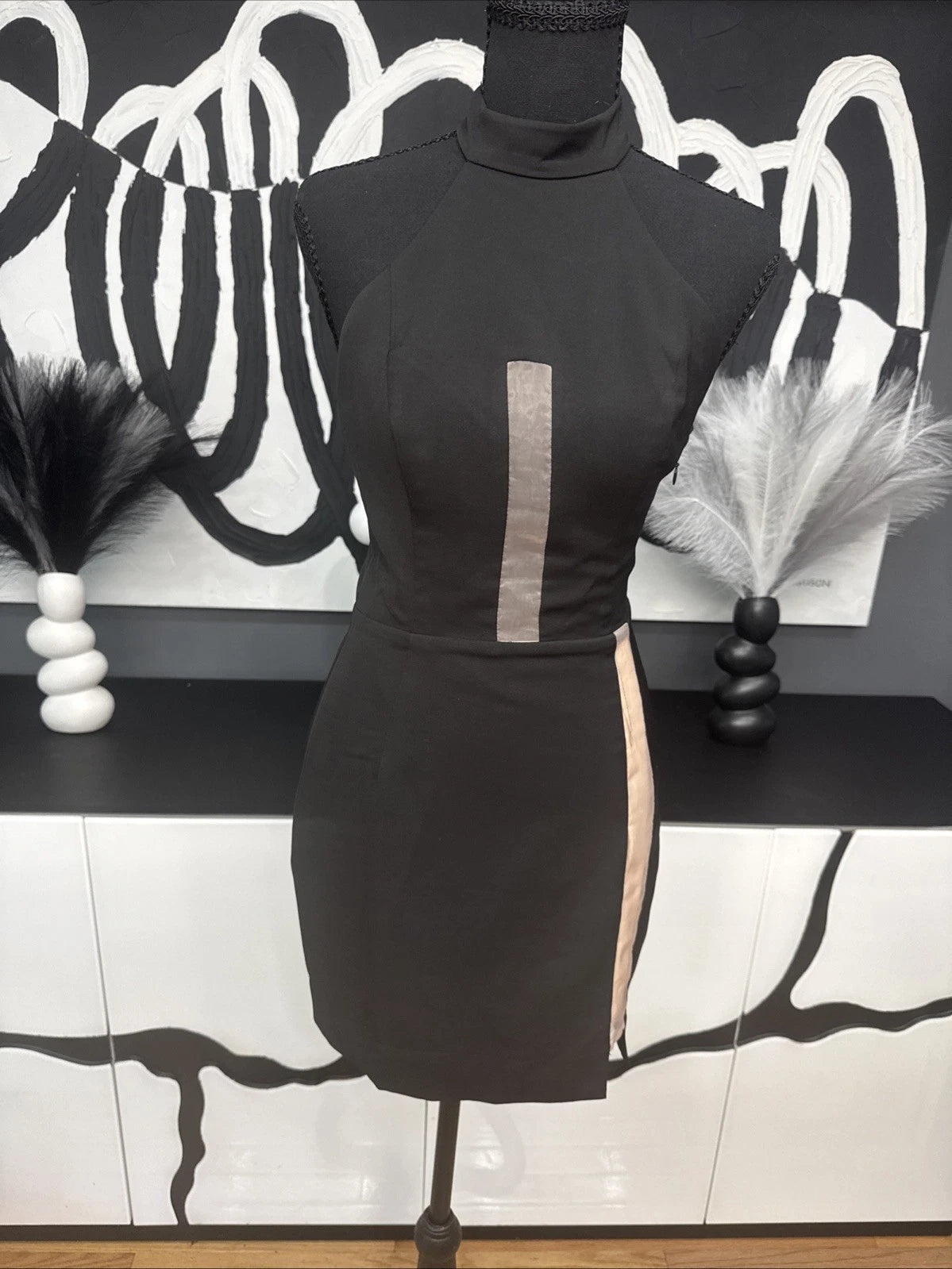 NBD Bodycon Cocktail Dress Women’s Small Black Mesh Mock Neck Party Mini Dress
