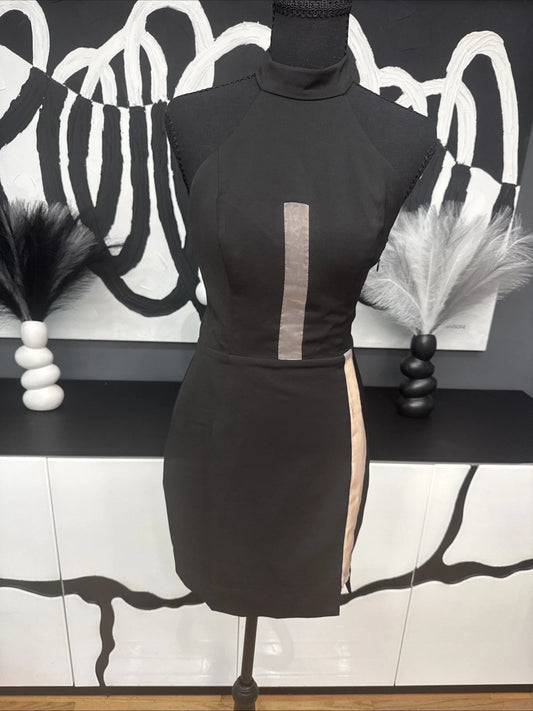 NBD Bodycon Cocktail Dress Women’s Small Black Mesh Mock Neck Party Mini Dress