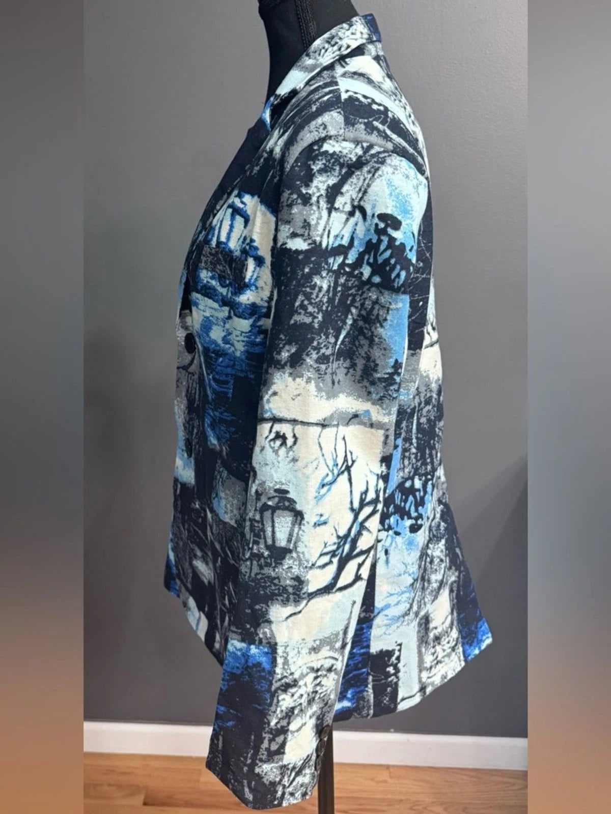 HEYDHSDC Mens M Black Blue Abstract Print Slim Fit Party Blazer Jacket