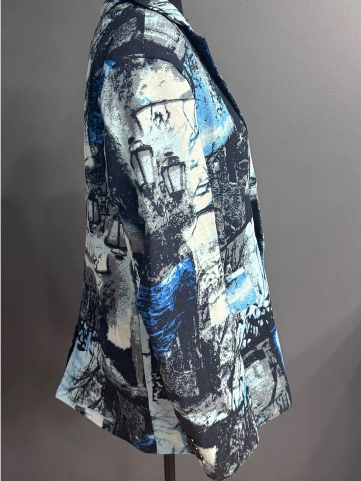 HEYDHSDC Mens M Black Blue Abstract Print Slim Fit Party Blazer Jacket