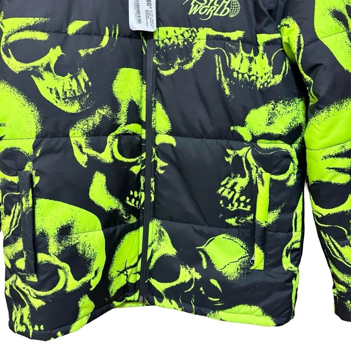 Psychworld Skull Print Puffer Jacket Men’s S Black Lime Green NWT
