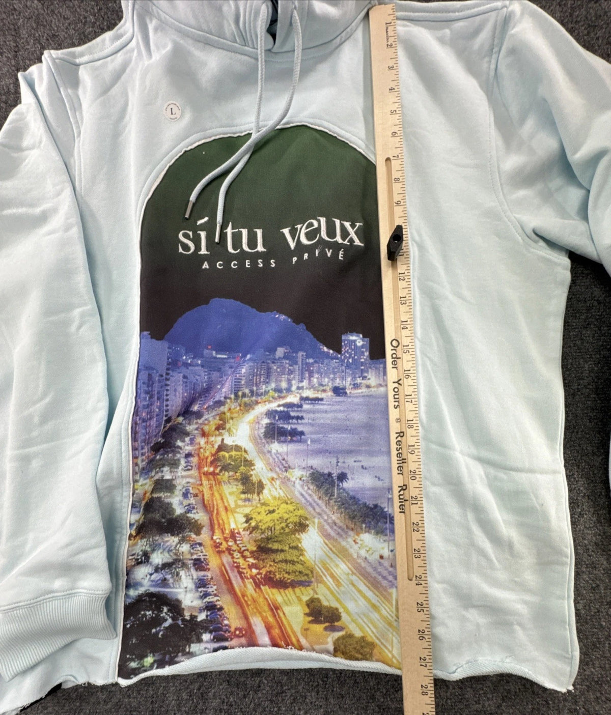 Sí Tu Veux Riviera Hoodie Men’s Large Delicate Blue Graphic Pullover NWT Luxury