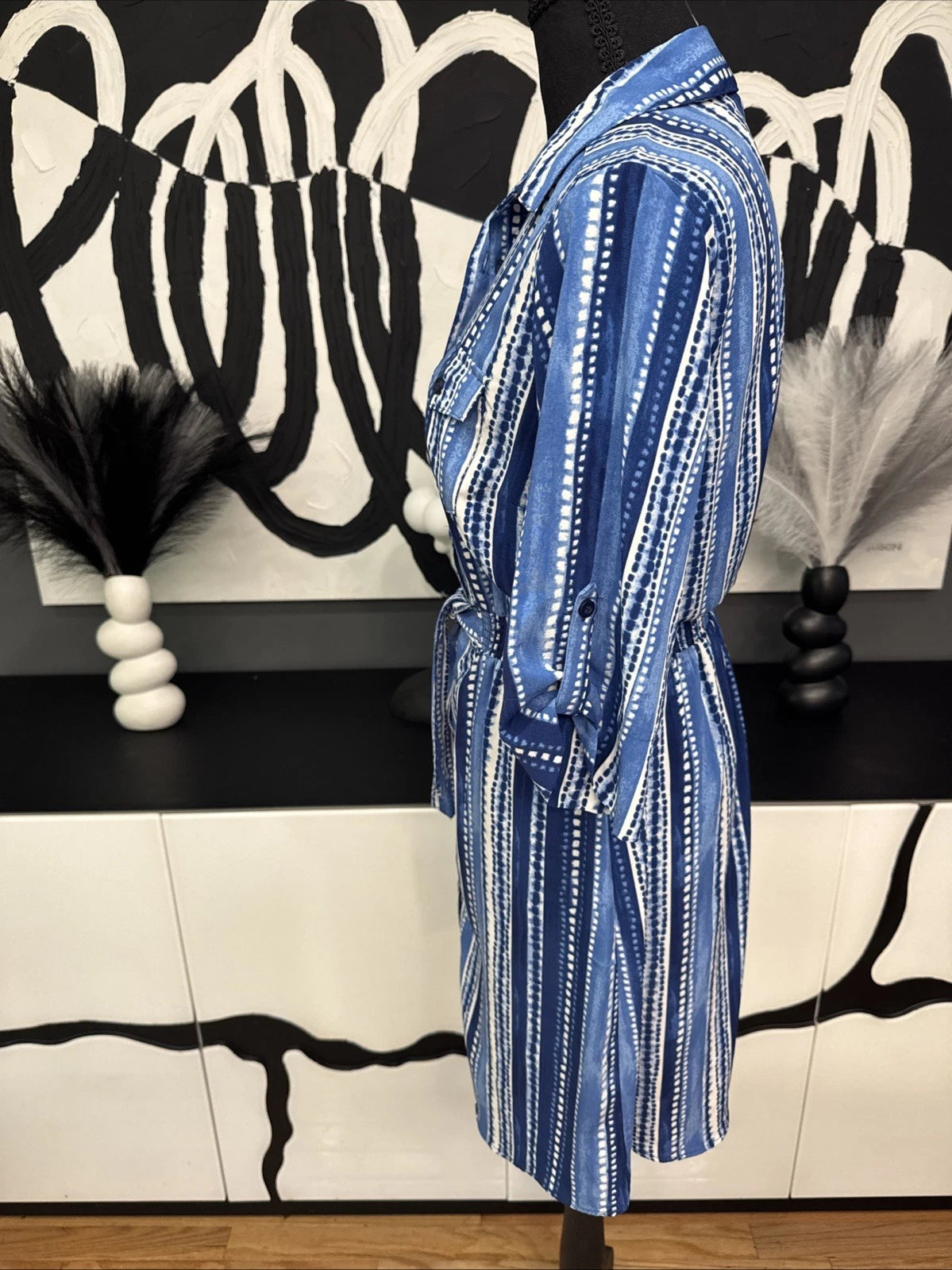 Millenium Blue Stripe Shirt Dress Belted Women's Small Roll Tab Sleeve