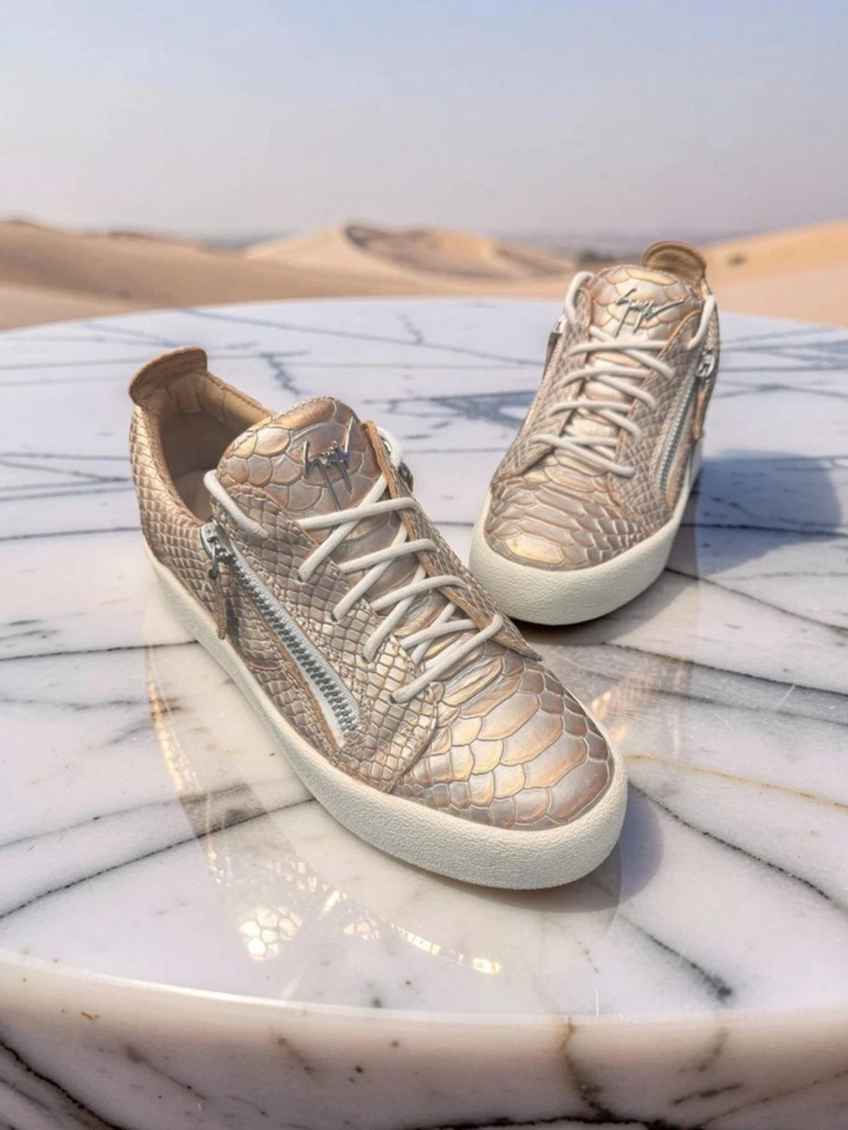 Giuseppe Zanotti Frankie Gold Python Leather Sneakers EU 38 Double Zip Italy