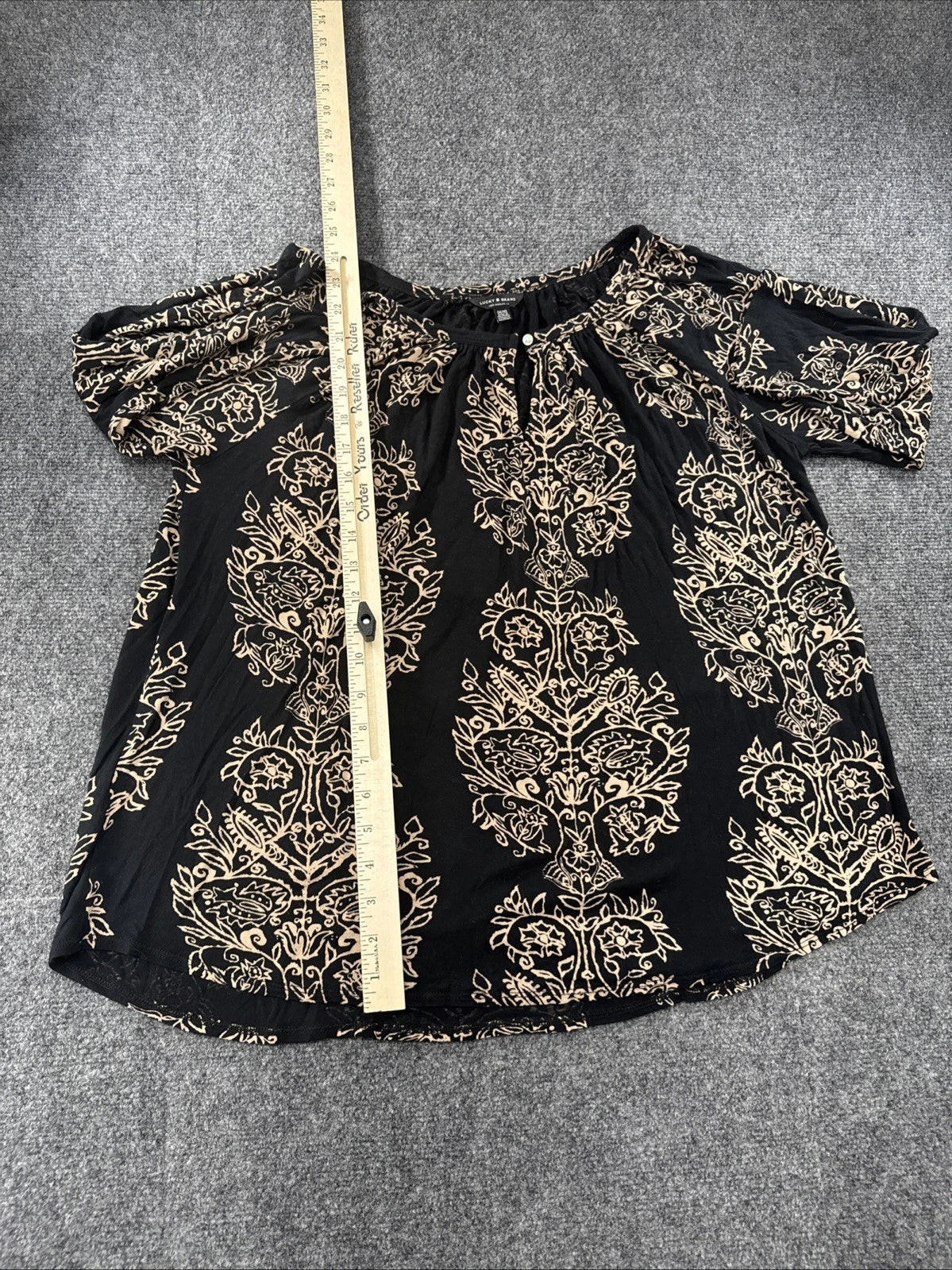 Lucky Brand Floral Peasant Top Women's 1X Black Beige Boho 3/4 Sleeve Blouse