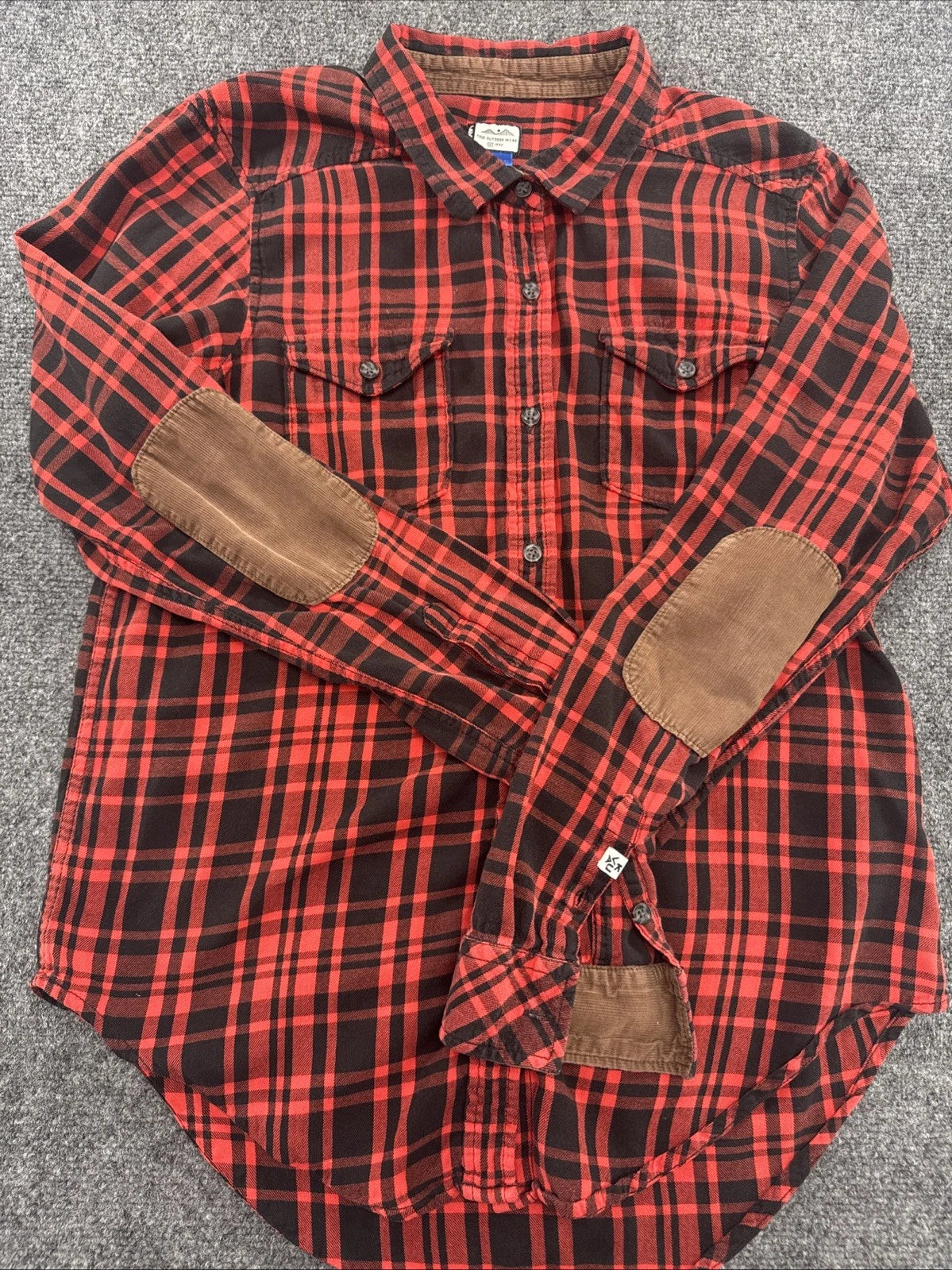 KAVU Women's M Red Black Plaid Flannel Shirt Corduroy Elbow Patches Outdoor