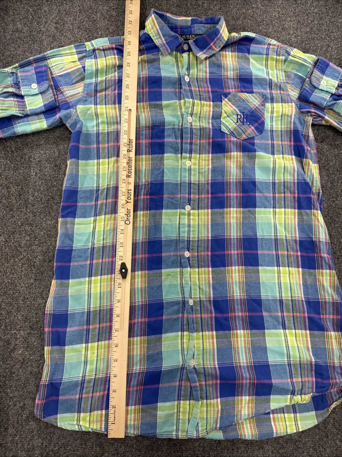 Lauren Ralph Lauren Madras Plaid Shirt Womens M Blue Green Pink RL Monogram
