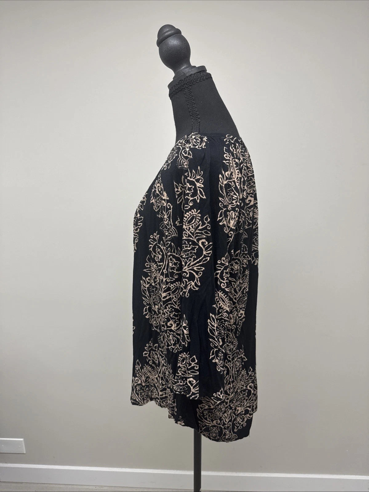 Lucky Brand Floral Peasant Top Women's 1X Black Beige Boho 3/4 Sleeve Blouse
