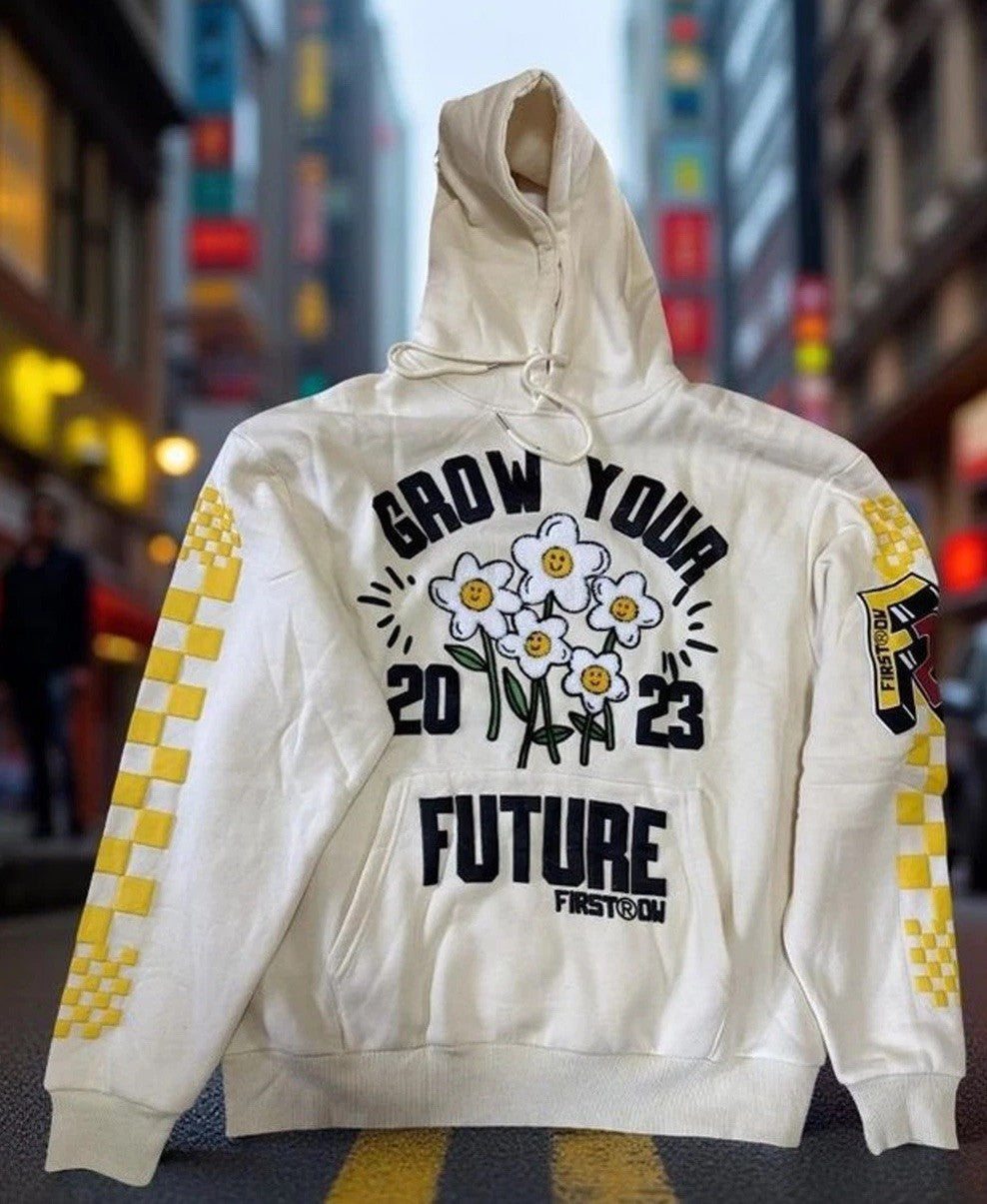 First Row Grow Your Future Hoodie Men’s Large Cream Graphic Streetwear New
