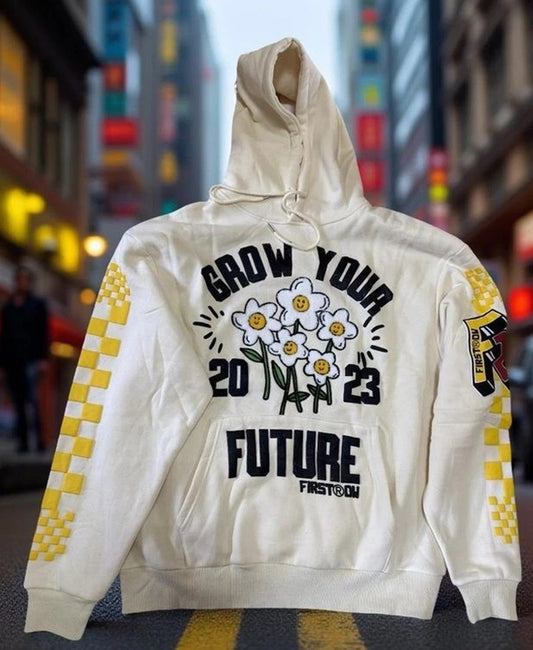 First Row Grow Your Future Hoodie Men’s Large Cream Graphic Streetwear New