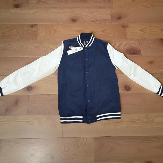 Rebel Minds Varsity Jacket Men's Large Navy Leather Sleeves Snap Front BNWT
