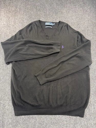 Polo Ralph Lauren Black V-Neck Sweater Mens XXL 100% Pima Cotton Purple Pony